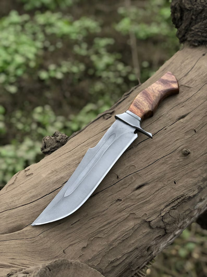 Custom Handmade 15-Inch D2 Steel Acid Wash Bowie Knife with Rosewood Handle and Steel Guard
