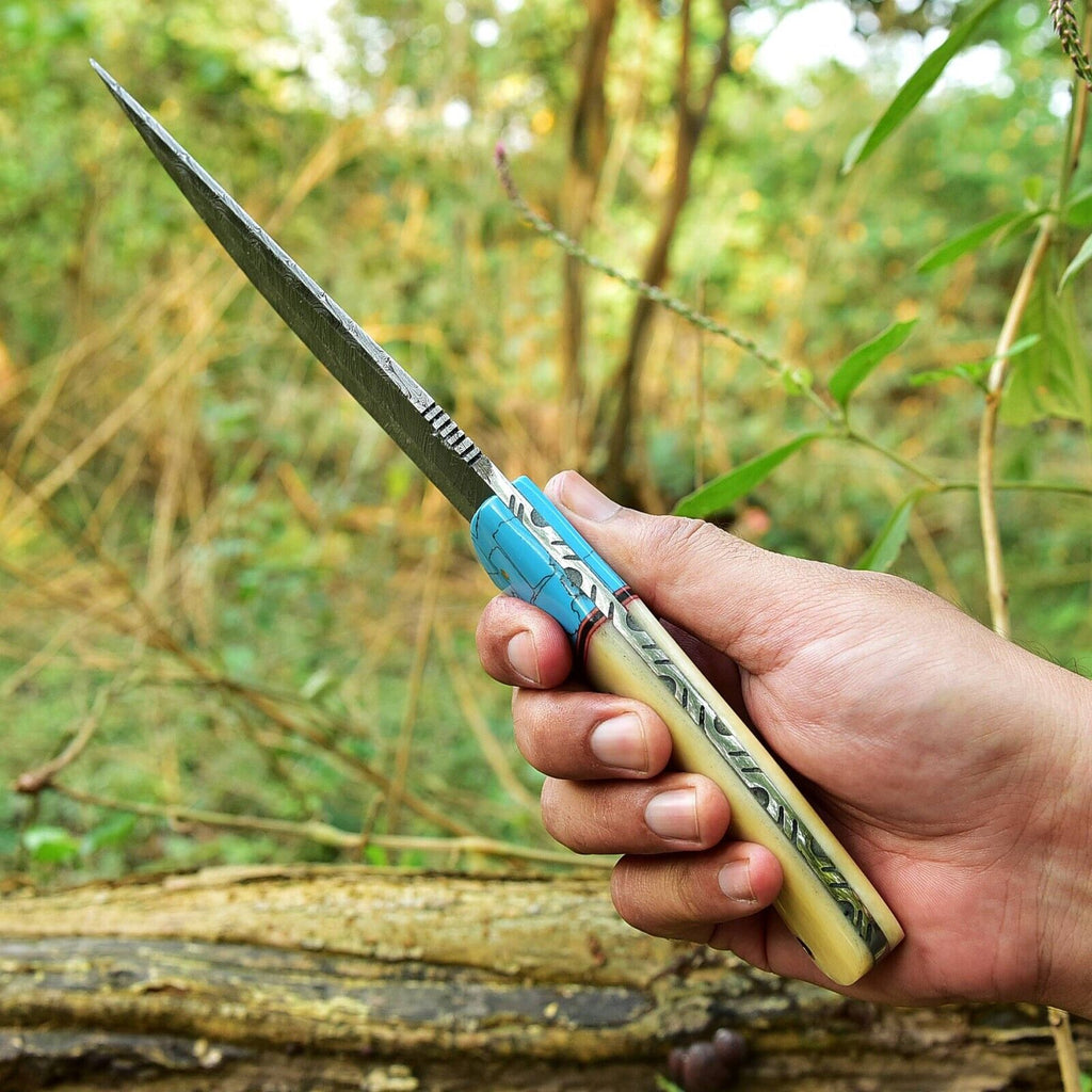Custom Handmade 10" Damascus Steel Hunting Knife with Camel Bone and Resin Handle | Includes Leather Sheath
