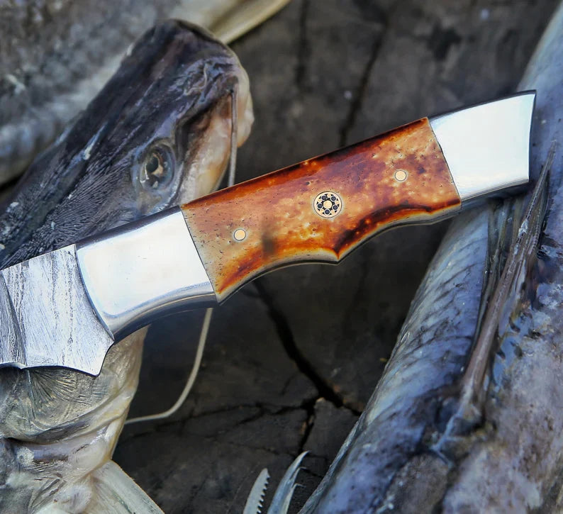 Custom Handmade 13-Inch Damascus Steel Fillet Knife with Camel Bone Handle and Leather Sheath