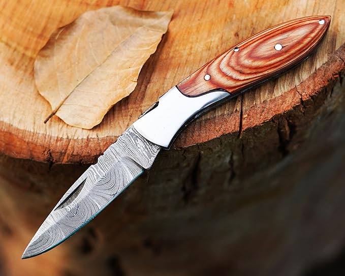 Handmade Damascus Steel Pocket Knife with Pakkawood Handle & Steel Bolster | 3" Blade | Includes Leather Sheath