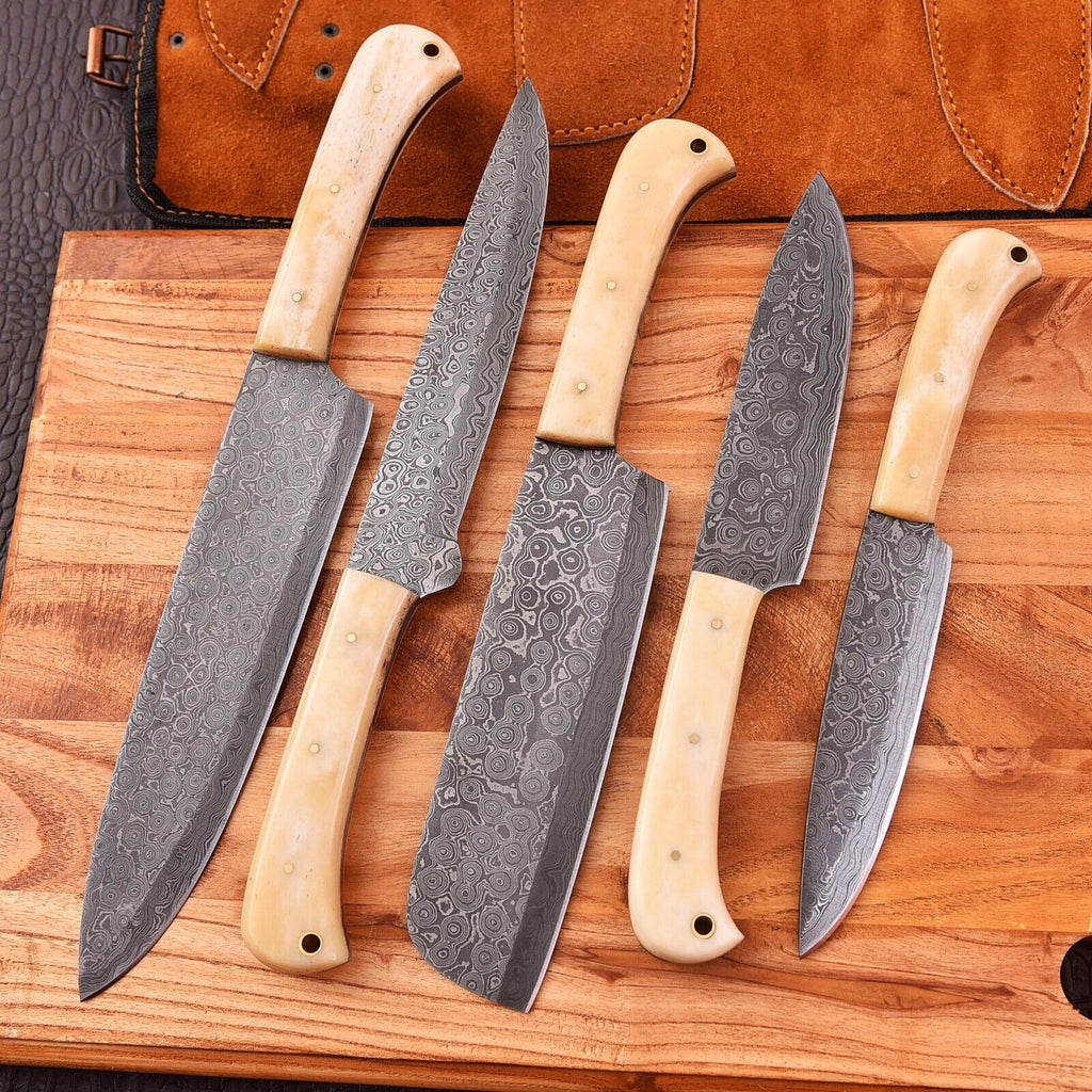 Handmade Damascus Knife Set with Camel Bone Handles