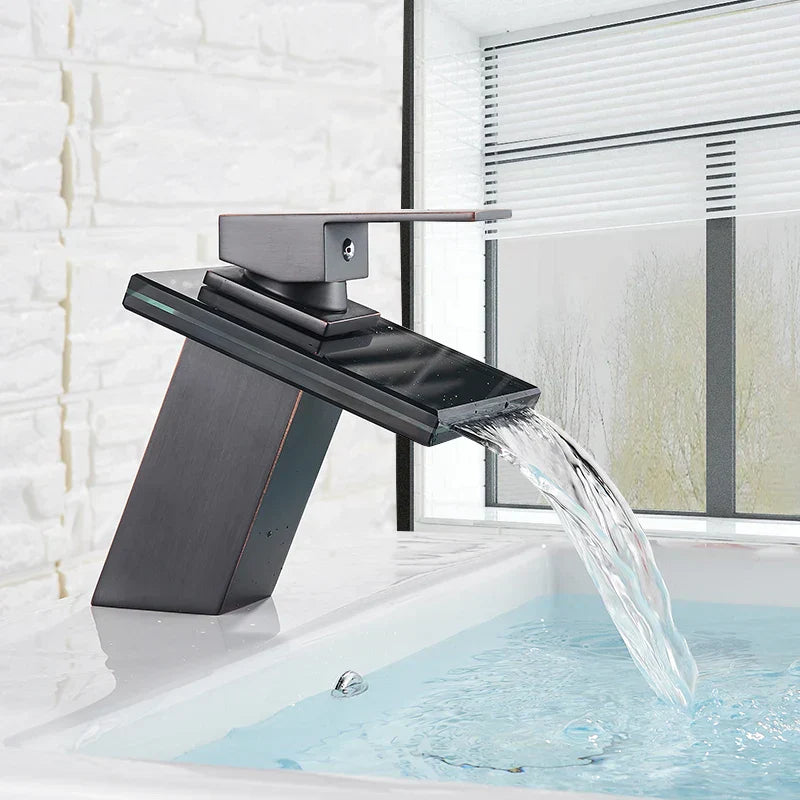 DecorBites™ LED Waterfall Bathroom Sink Faucet Black Bronze Single Handle Deck Mount