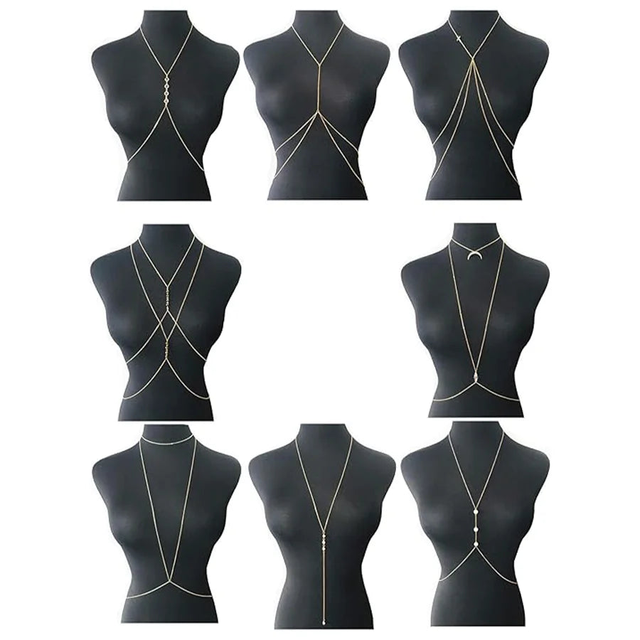 8Pcs Sexy Body Chain Belly Waist Chain Necklace Summer Beach Bikini Bra Body Jewelry for Women Gold Tone