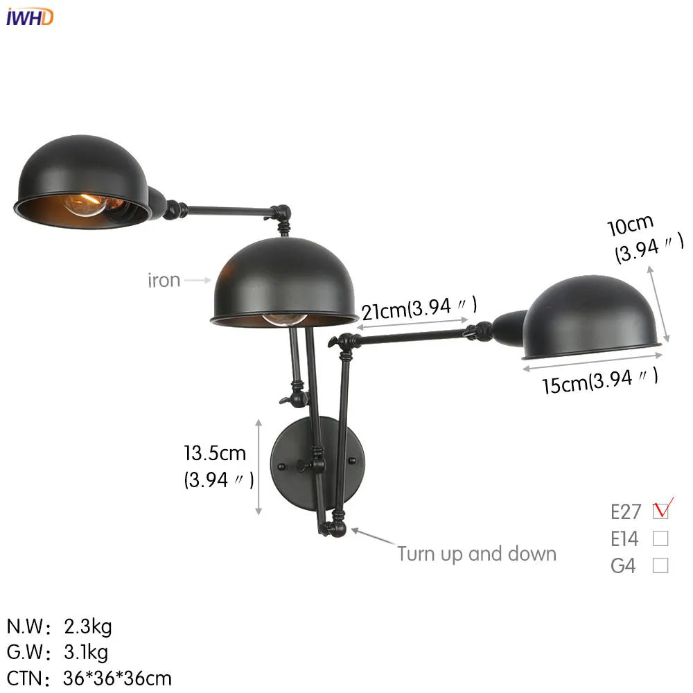 DecorBites™ Loft Antique Edison Wall Sconce Swing Arm Wall Light - 3 Heads Black