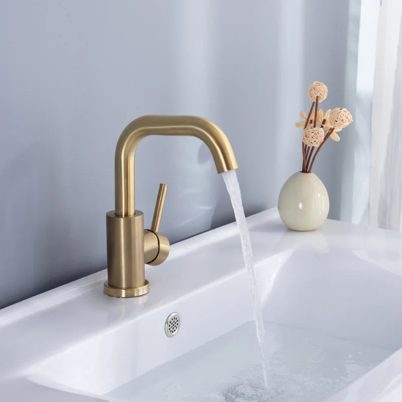 DecorBites™ Brushed Gold Basin Faucet Single Handle Deck Mounted Cold Hot Mixer Tap