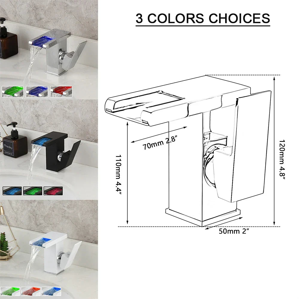 DecorBites™ LED Waterfall Basin Faucet White & Black Mixer Tap Deck Mount Solid Brass