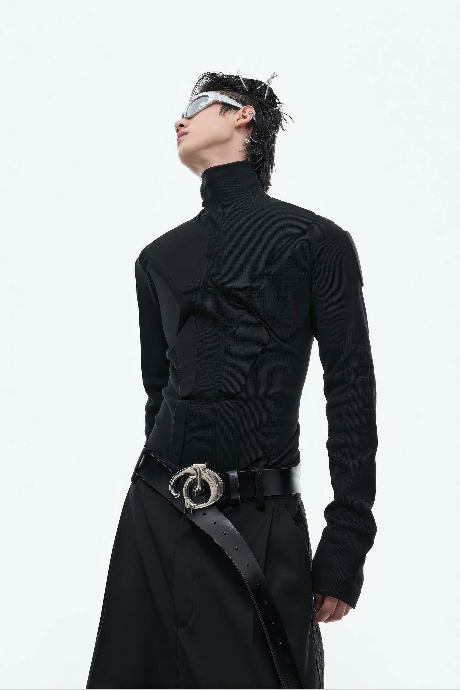 Heavy-Duty Armor-Inspired Black High Neck Long Sleeve Top - Slim Fit & Versatile