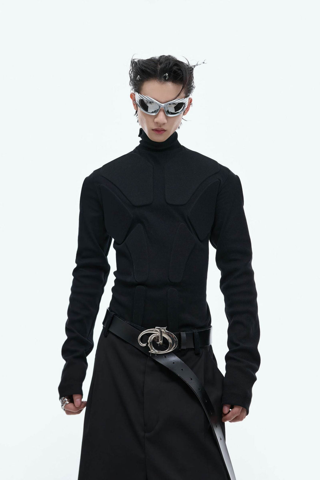Heavy-Duty Armor-Inspired Black High Neck Long Sleeve Top - Slim Fit & Versatile
