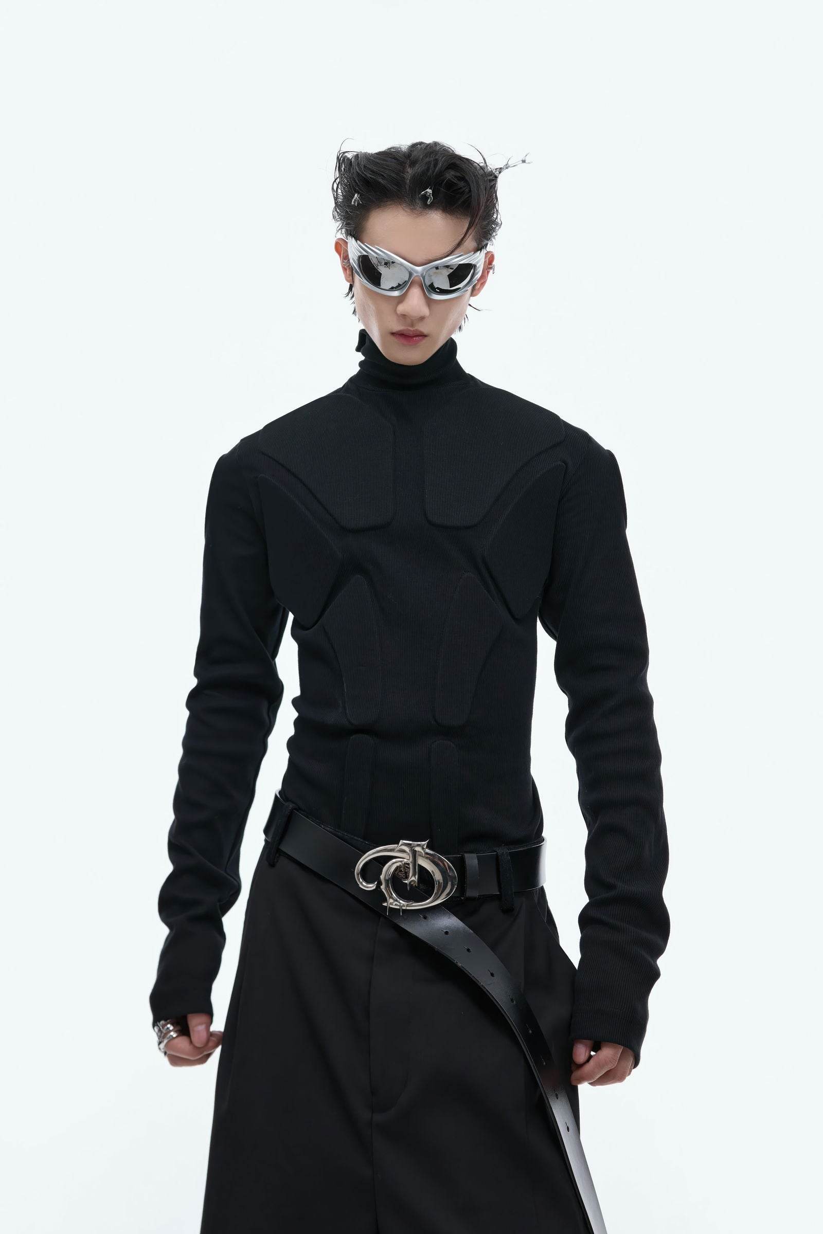 Heavy-Duty Armor-Inspired Black High Neck Long Sleeve Top - Slim Fit & Versatile