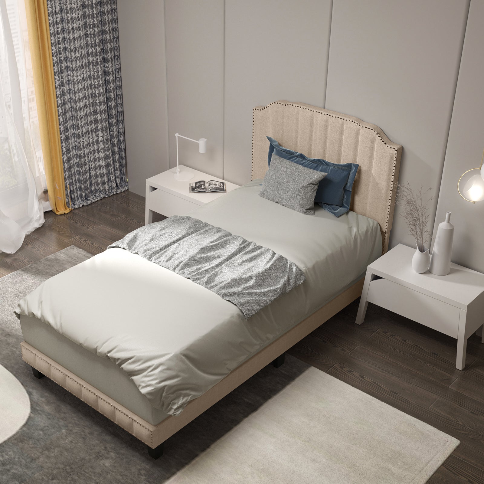 Heavy Duty Upholstered Bed Frame with Rivet Headboard