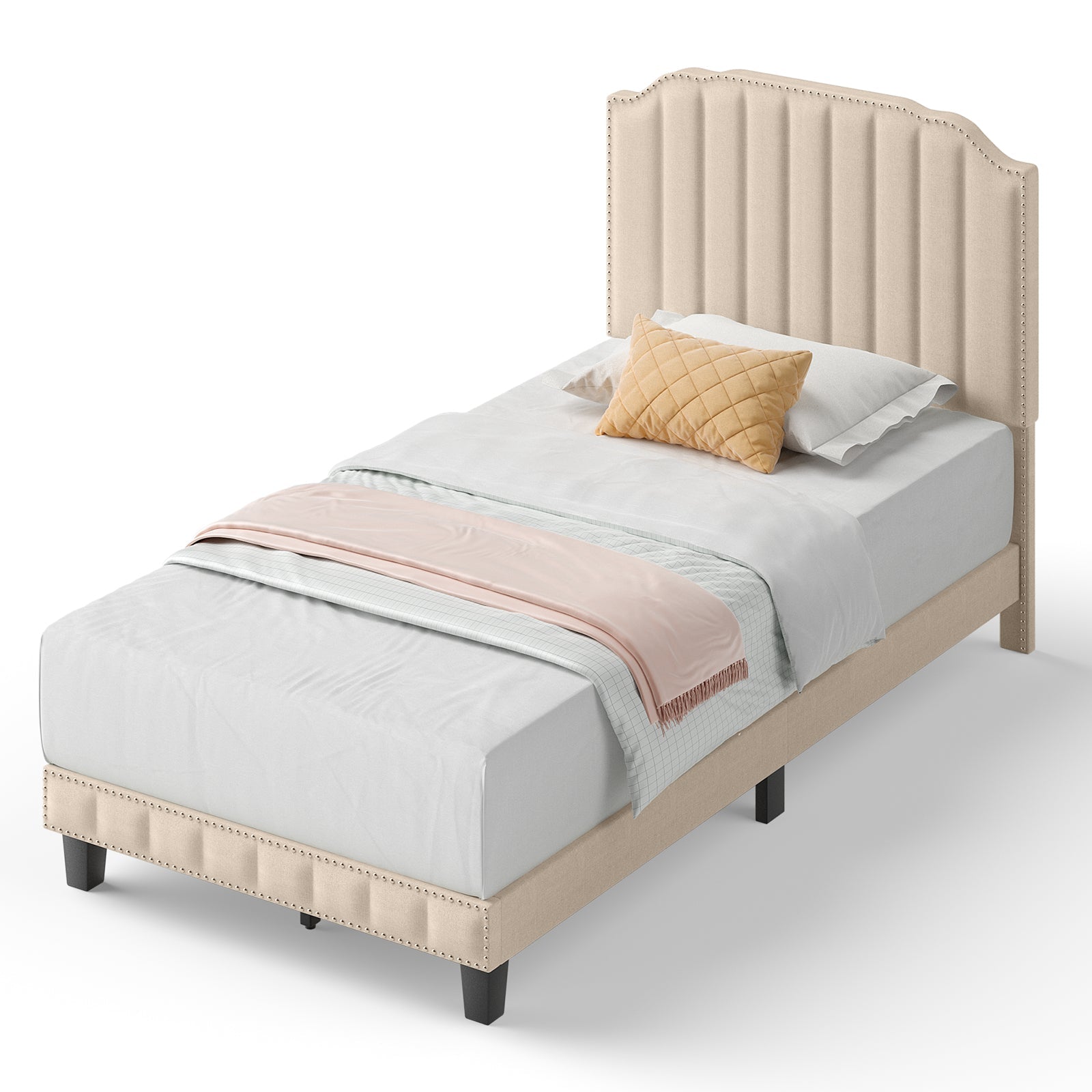 Heavy Duty Upholstered Bed Frame with Rivet Headboard