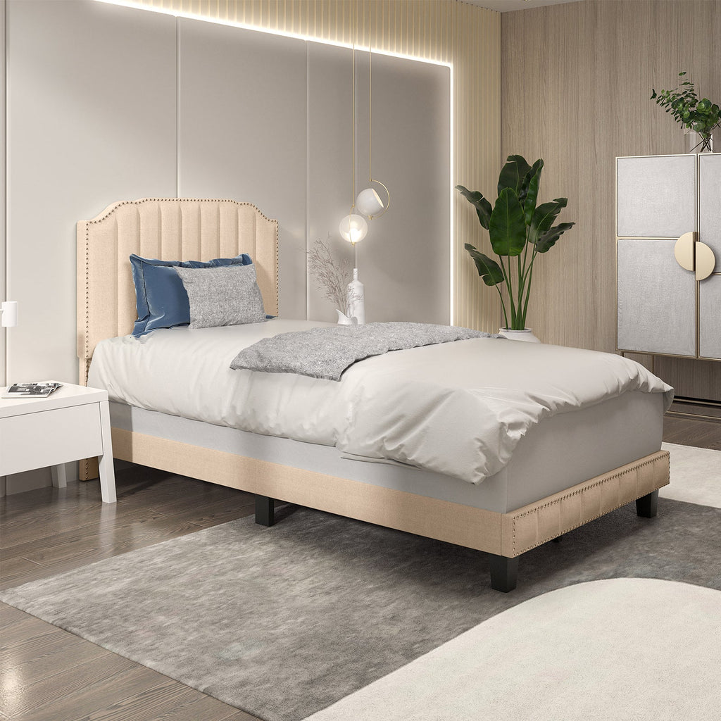 Heavy Duty Upholstered Bed Frame with Rivet Headboard