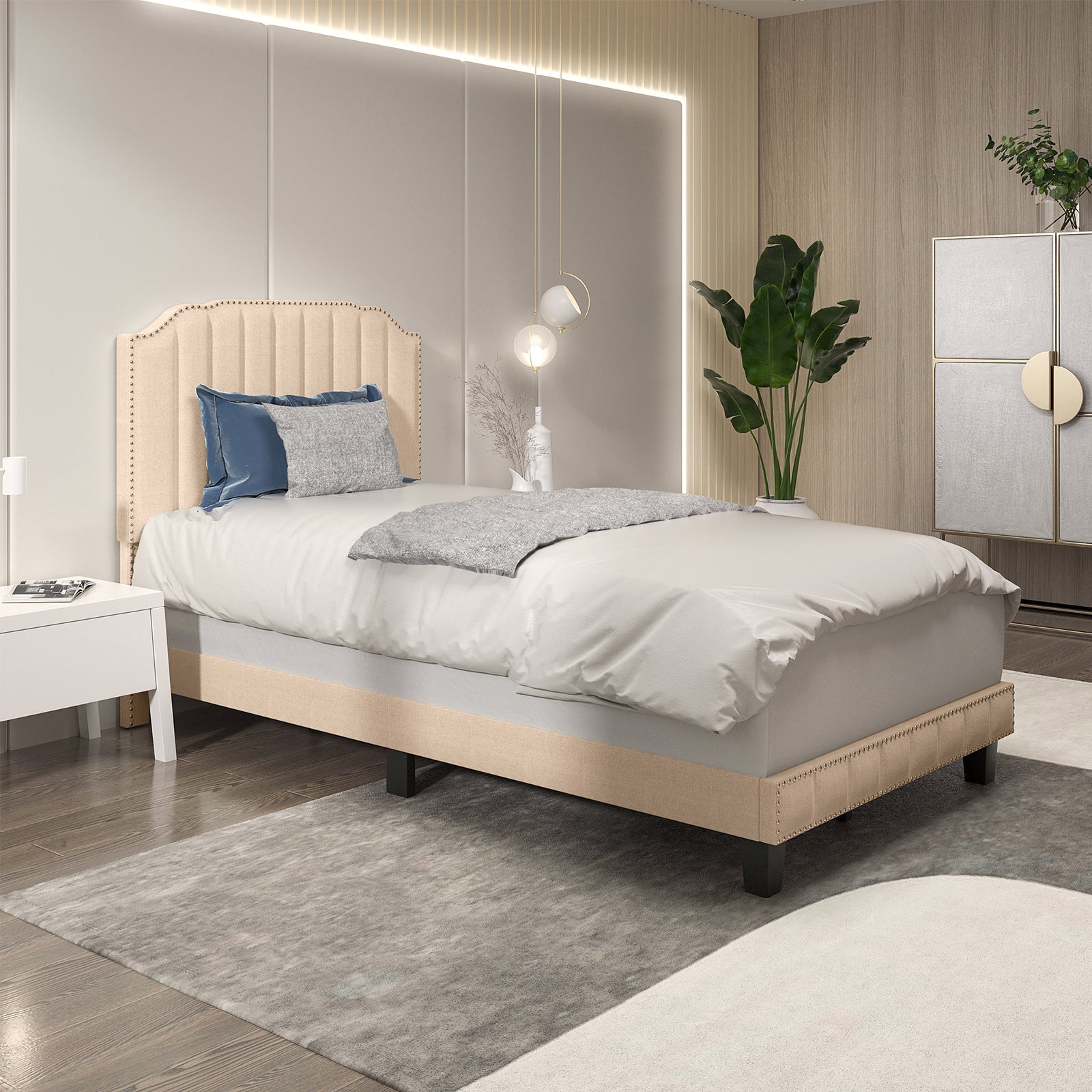 Heavy Duty Upholstered Bed Frame with Rivet Headboard