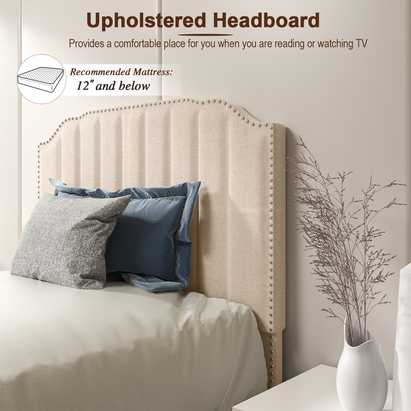 Heavy Duty Upholstered Bed Frame with Rivet Headboard