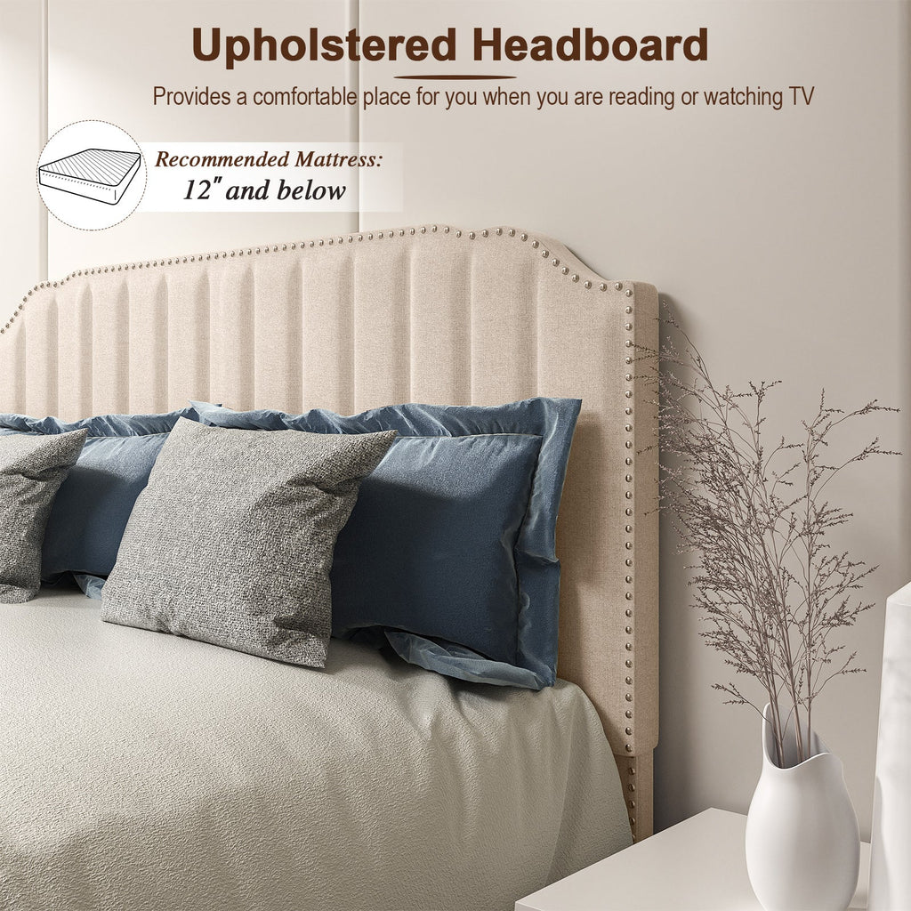 Heavy Duty Upholstered Bed Frame with Rivet Headboard