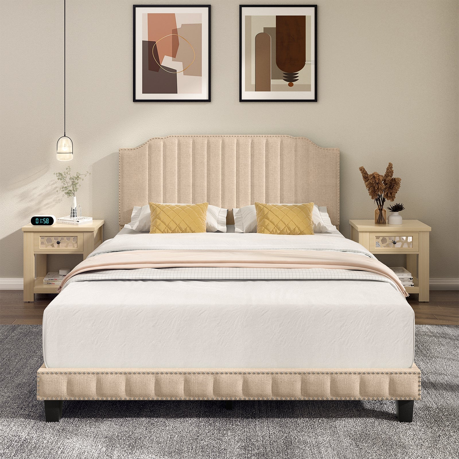 Heavy Duty Upholstered Bed Frame with Rivet Headboard