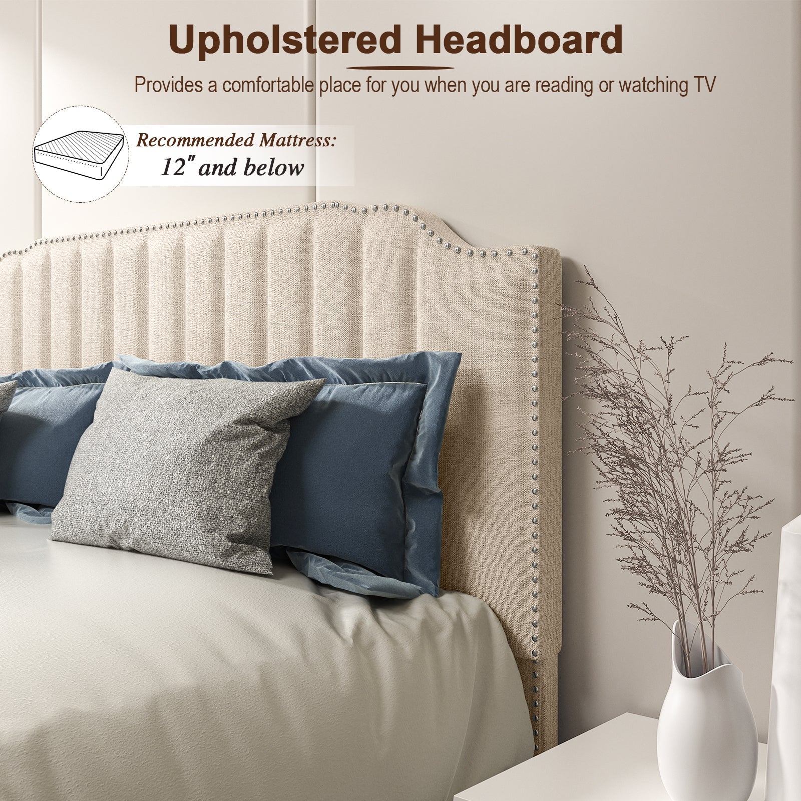 Heavy Duty Upholstered Bed Frame with Rivet Headboard