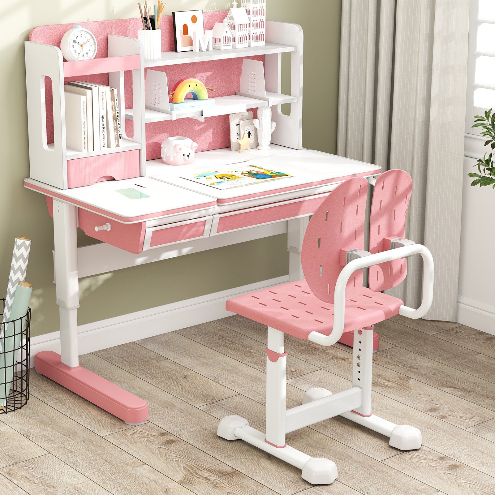 Height-adjustable Kid's Study Chair with Double Back Support and Breathable Seat for 3+ Years Old