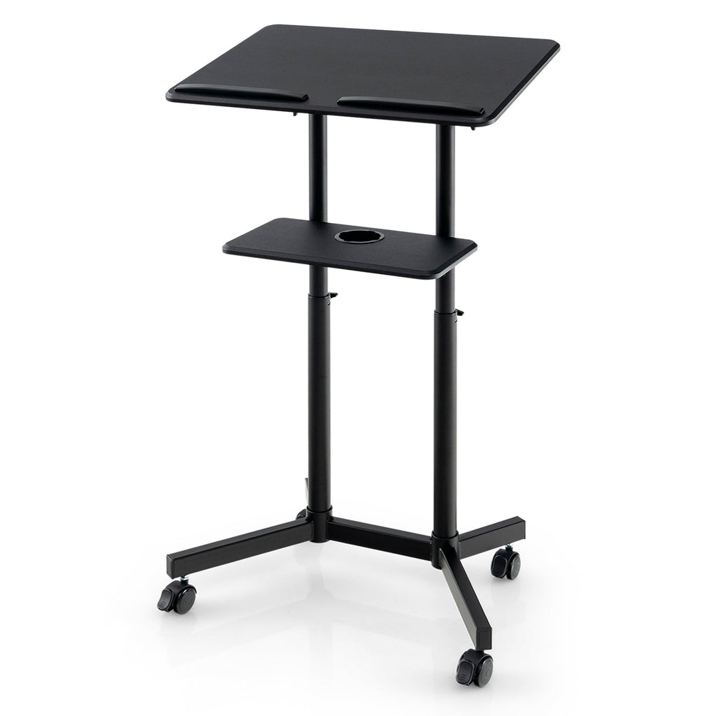 Mobile Lectern Podium Height-adjustable Rolling Laptop Cart with Tilting Top Storage Tray