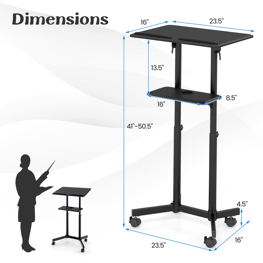 Mobile Lectern Podium Height-adjustable Rolling Laptop Cart with Tilting Top Storage Tray