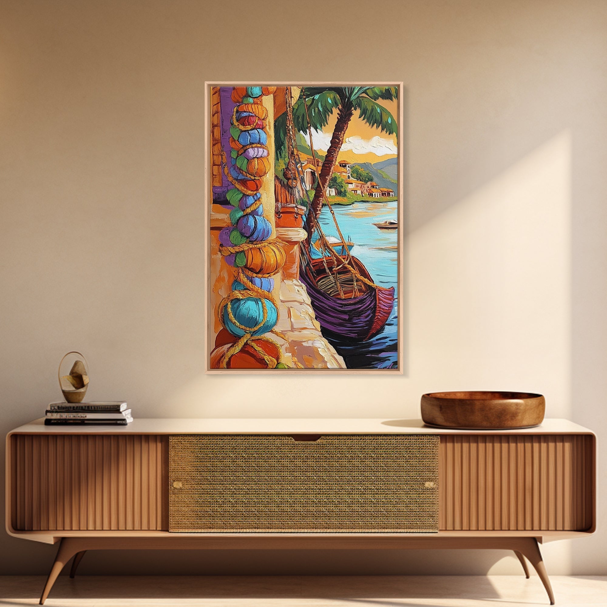 Tropical Boat, Village, Shoreline, Canvas Print, Coastal Wall Art, Vibrant Travel Scene, Boho Seaside Decor, Beach House Painting