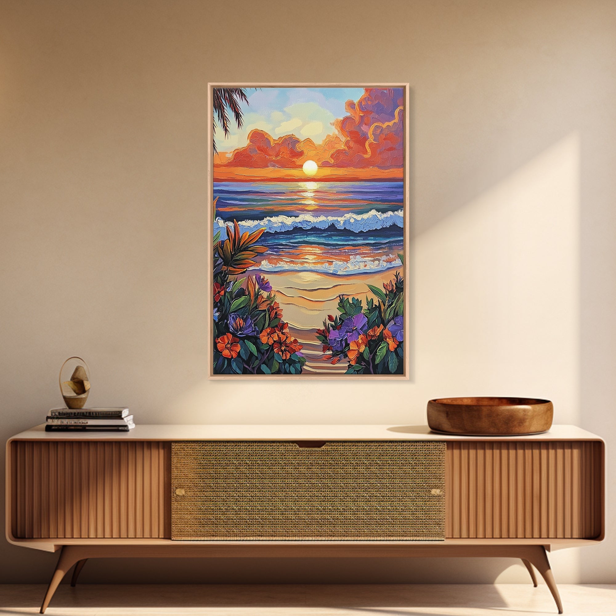 Tropical Beach, Sunset Waves, Lush Florals, Orange Glow — Framed Canvas Print vibrant coastal art, bathroom or bedroom beach decor, boho vibe