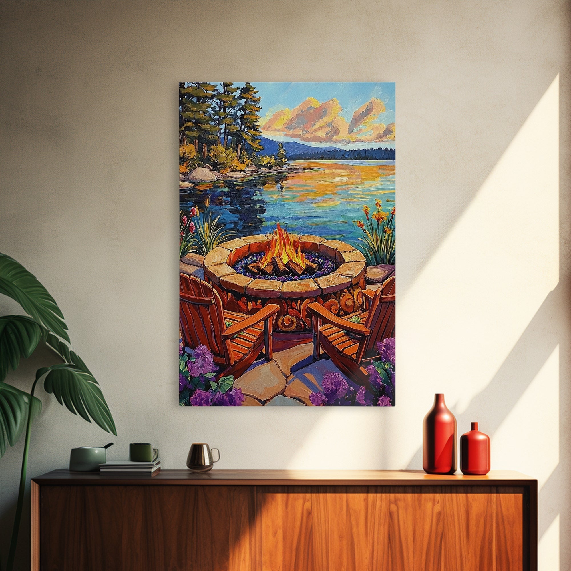 Firepit Chairs, Lake, Sunset, Framed Canvas Print, outdoor patio wall decor, rustic lakeside art, cozy fall cabin retreat artwork
