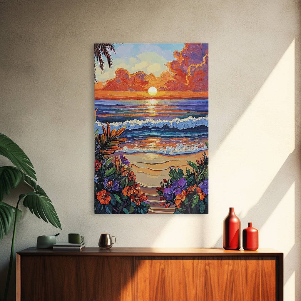 Tropical Beach, Sunset Waves, Lush Florals, Orange Glow — Framed Canvas Print vibrant coastal art, bathroom or bedroom beach decor, boho vibe