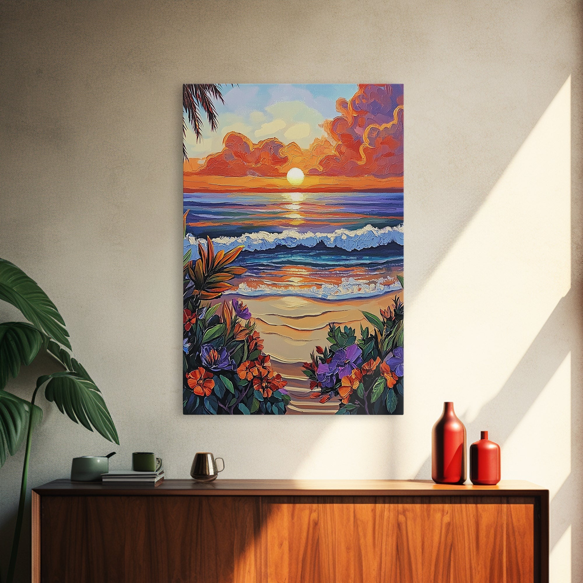 Tropical Beach, Sunset Waves, Lush Florals, Orange Glow — Framed Canvas Print vibrant coastal art, bathroom or bedroom beach decor, boho vibe