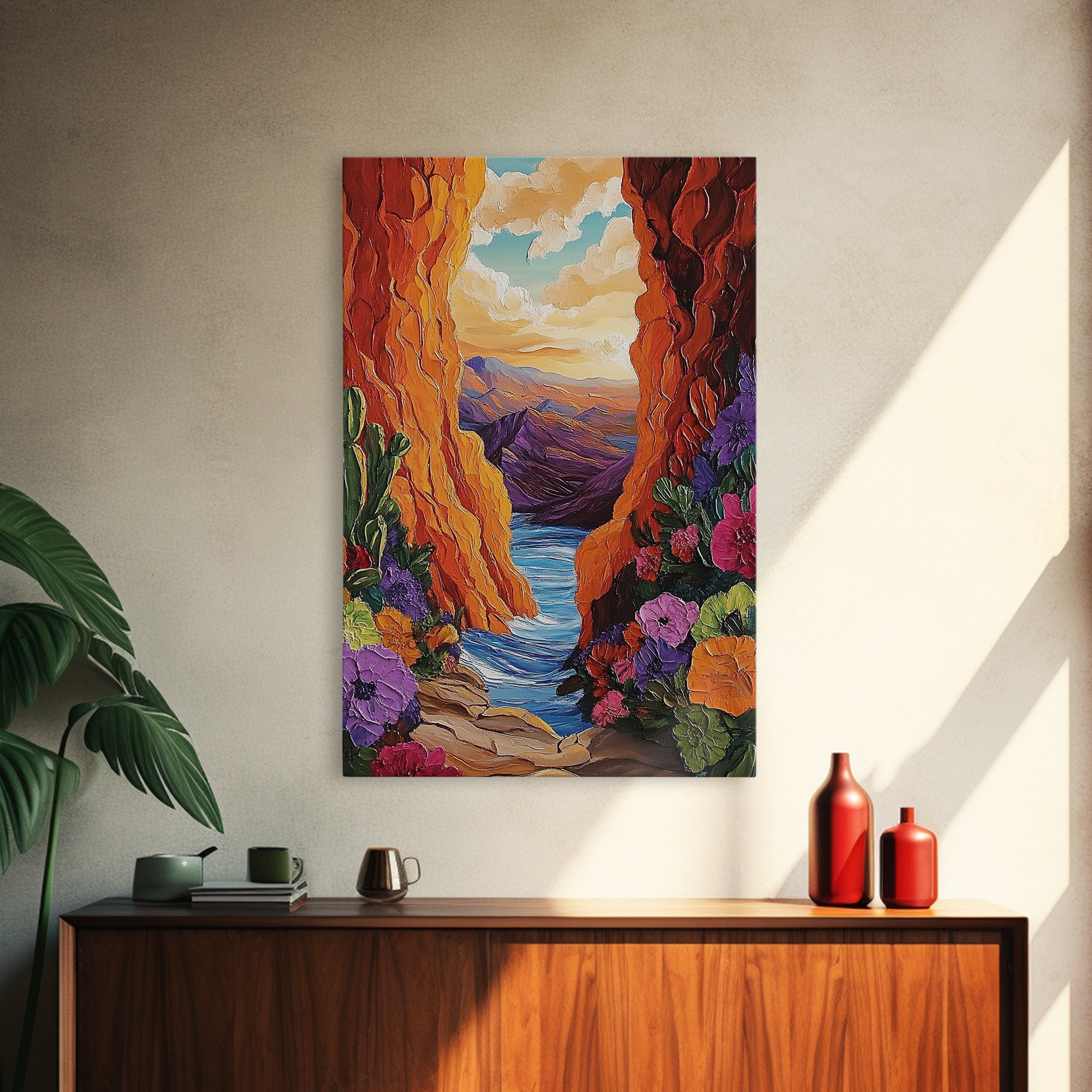 Canyon Wildflowers, Desert, Horizon, Canvas Print bold desert canyon landscape boho rustic mountain view wildflower wall art hallway decor