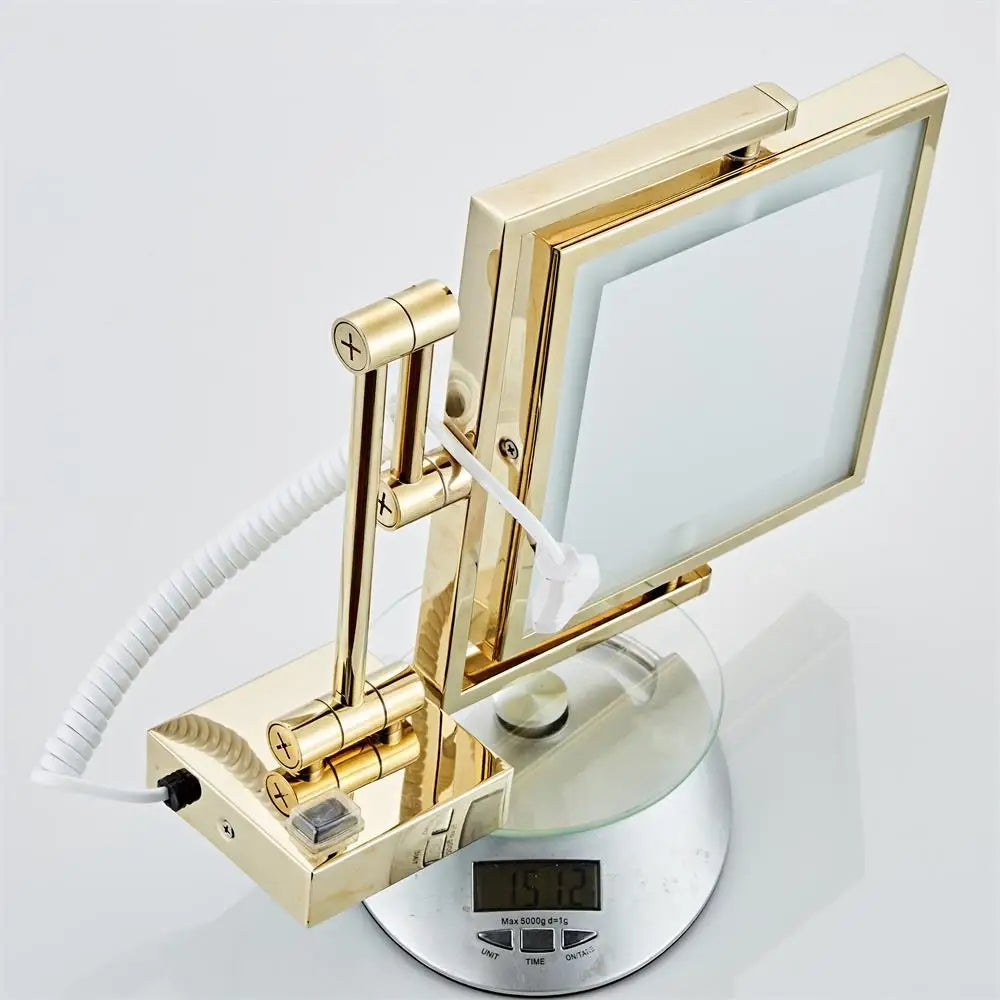 DecorBites™ Gold LED Wall Mounted Makeup Mirror 3X/1X Folding Square Cosmetic Mirror