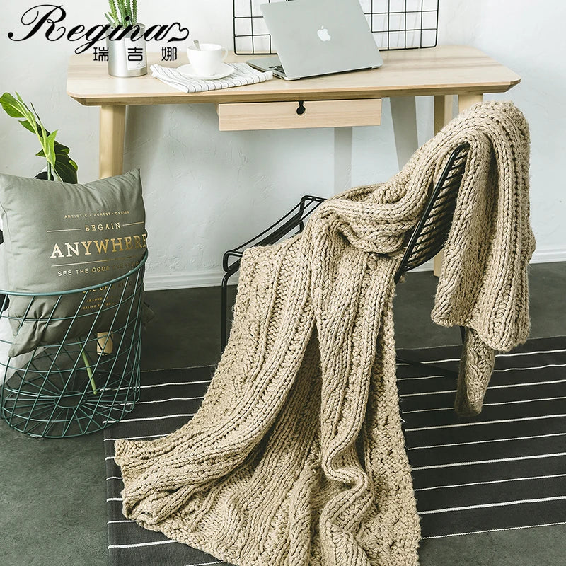 DecorBites™ Khaki Beige Chunky Knit Wool Blanket