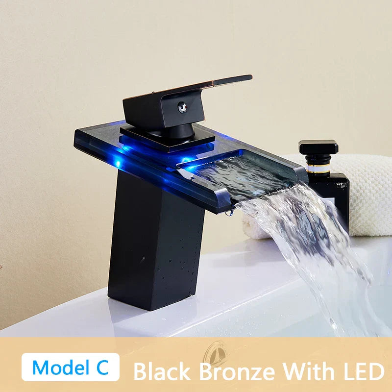 DecorBites™ LED Waterfall Bathroom Sink Faucet Black Bronze Single Handle Deck Mount