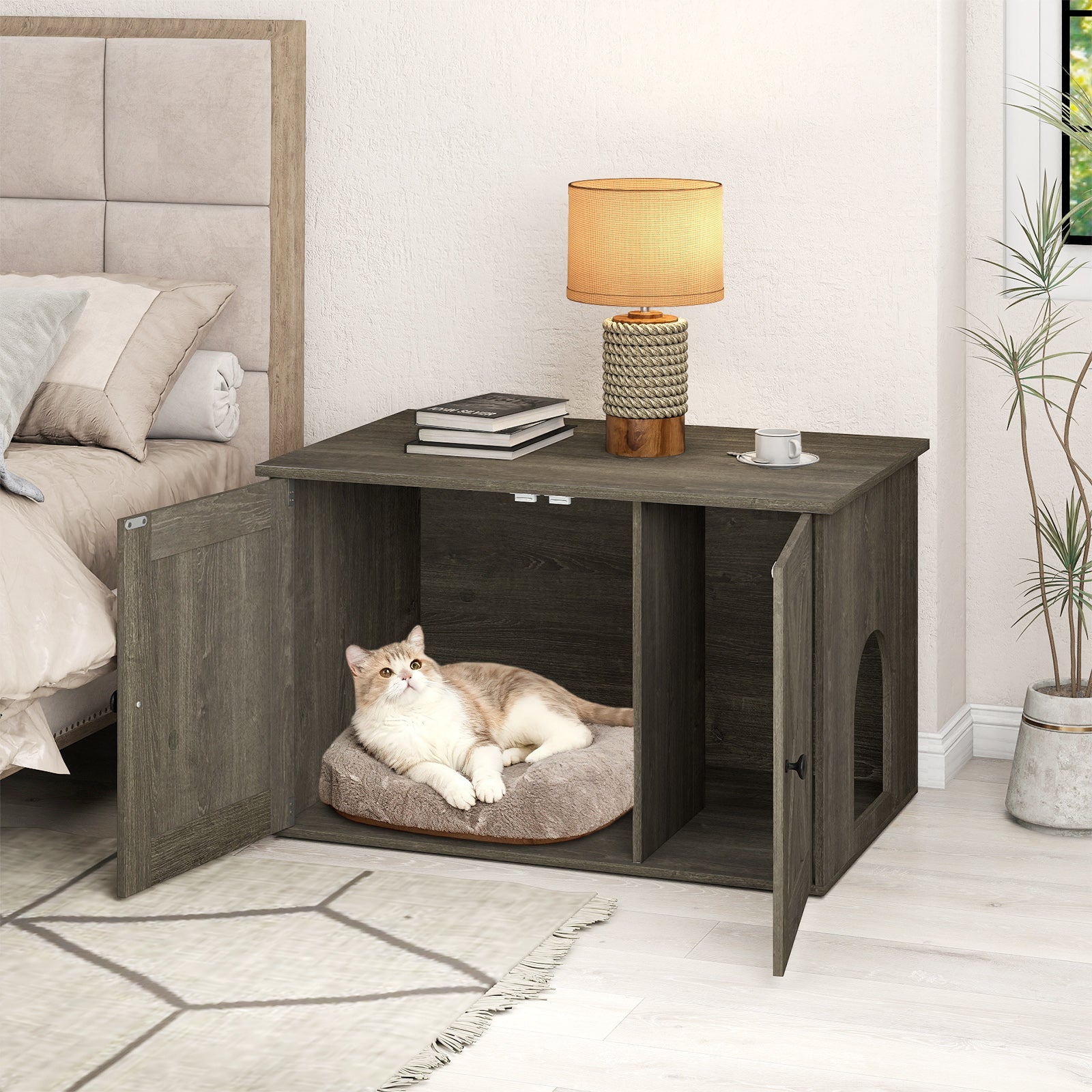 Hidden Cat Litter Box Enclosure Furniture with Divider-Oak