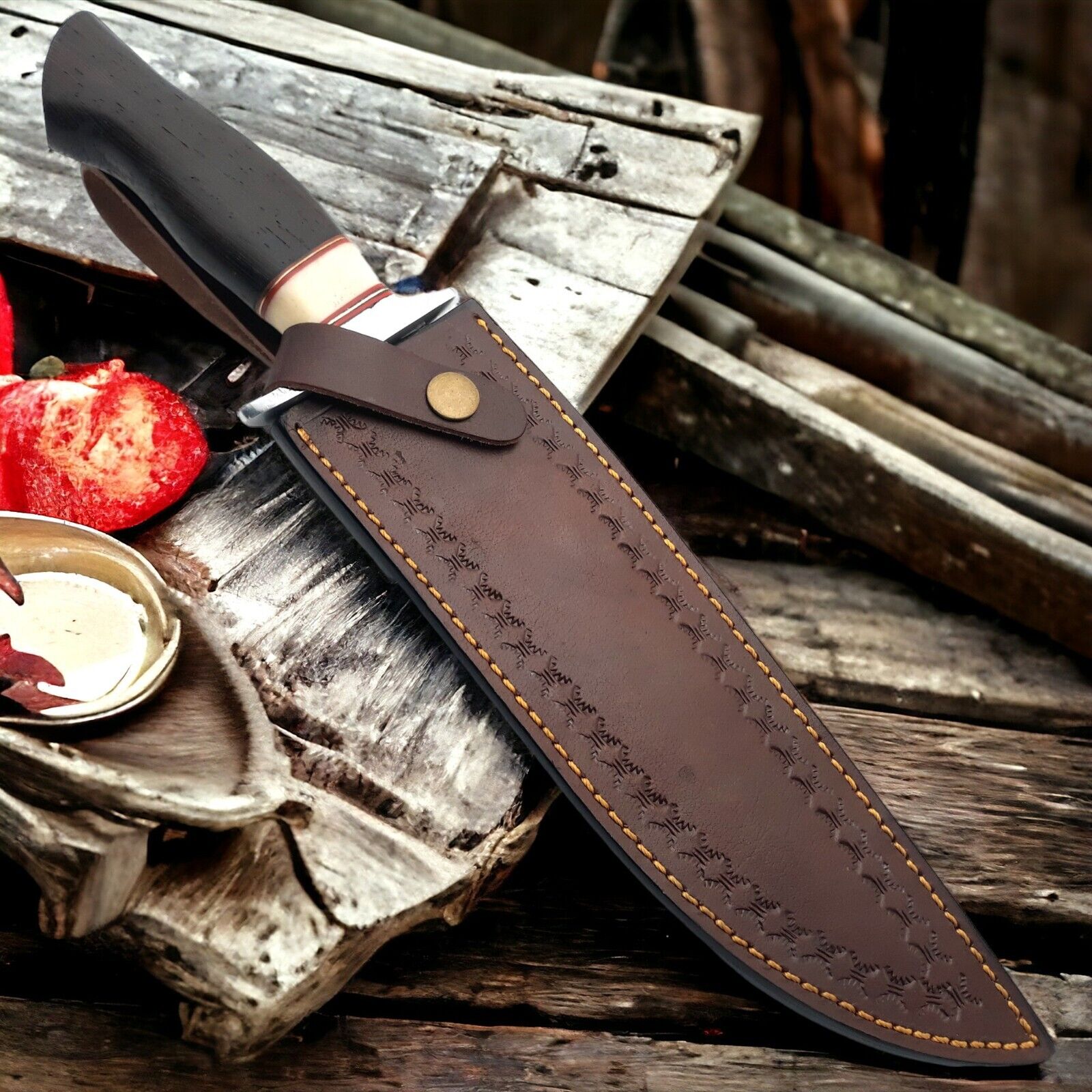 Custom Handmade Damascus Steel Hunting Bowie Knife – Wenge Wood Handle – 15" Overall Length with Leather Sheath