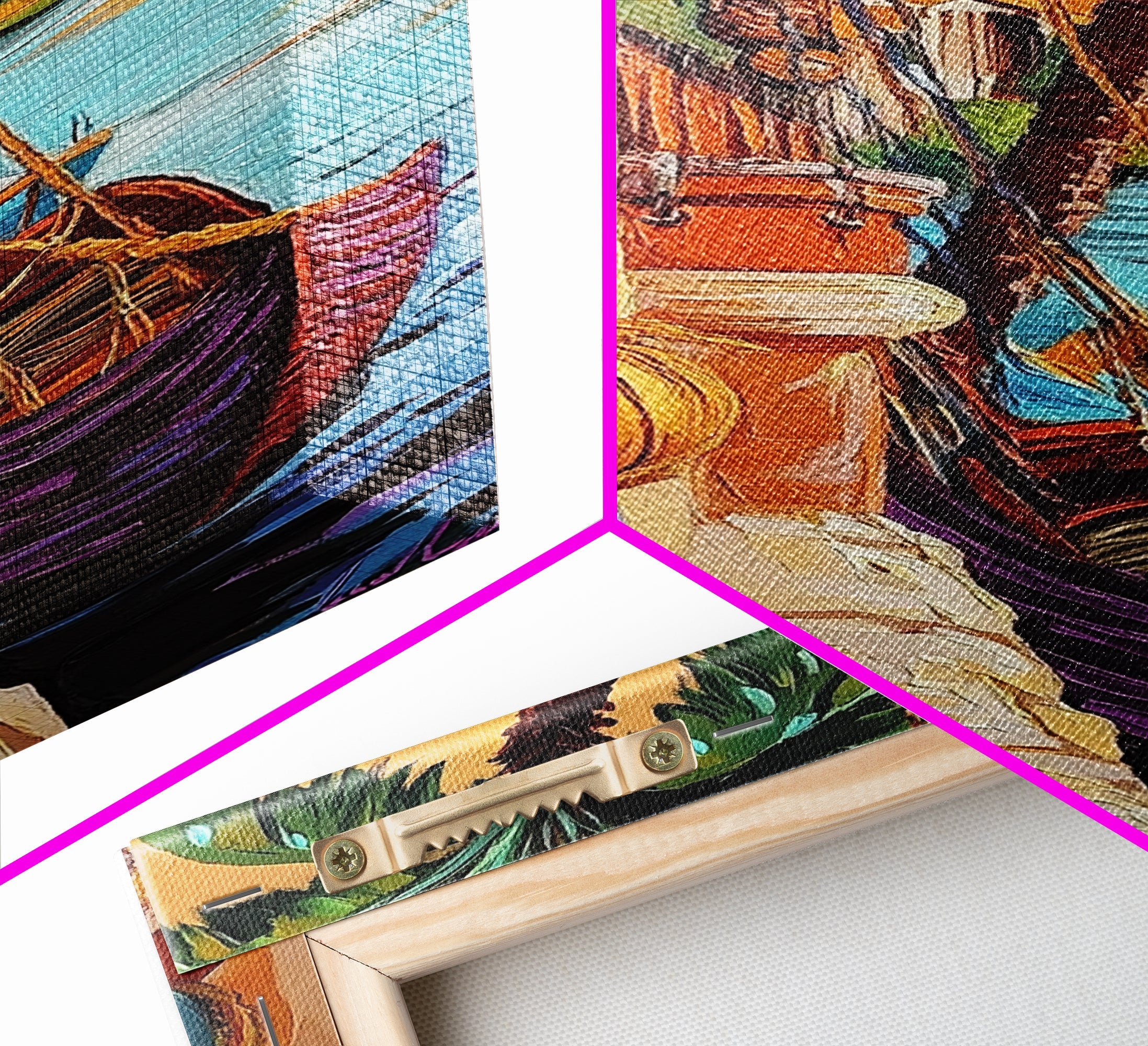 Tropical Boat, Village, Shoreline, Canvas Print, Coastal Wall Art, Vibrant Travel Scene, Boho Seaside Decor, Beach House Painting