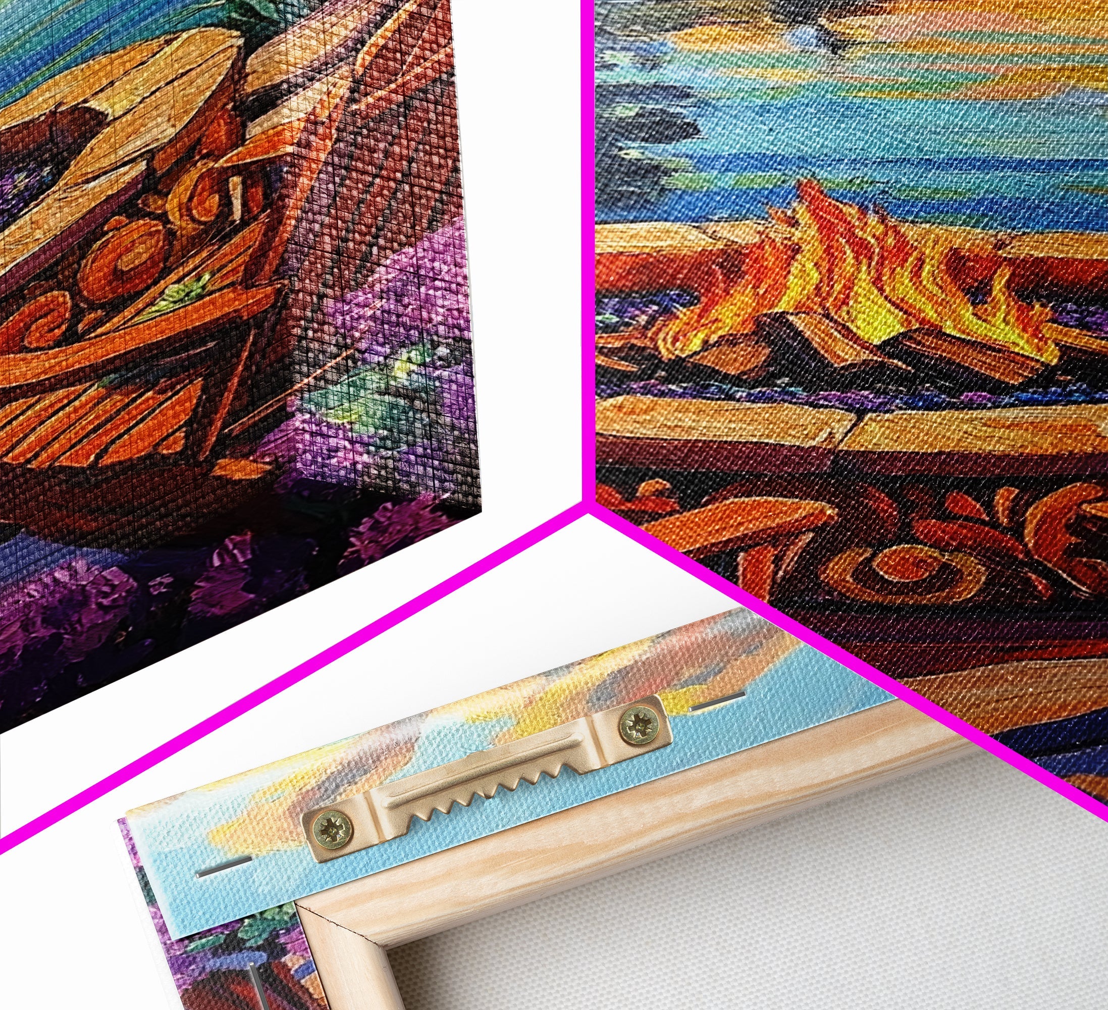 Firepit Chairs, Lake, Sunset, Framed Canvas Print, outdoor patio wall decor, rustic lakeside art, cozy fall cabin retreat artwork
