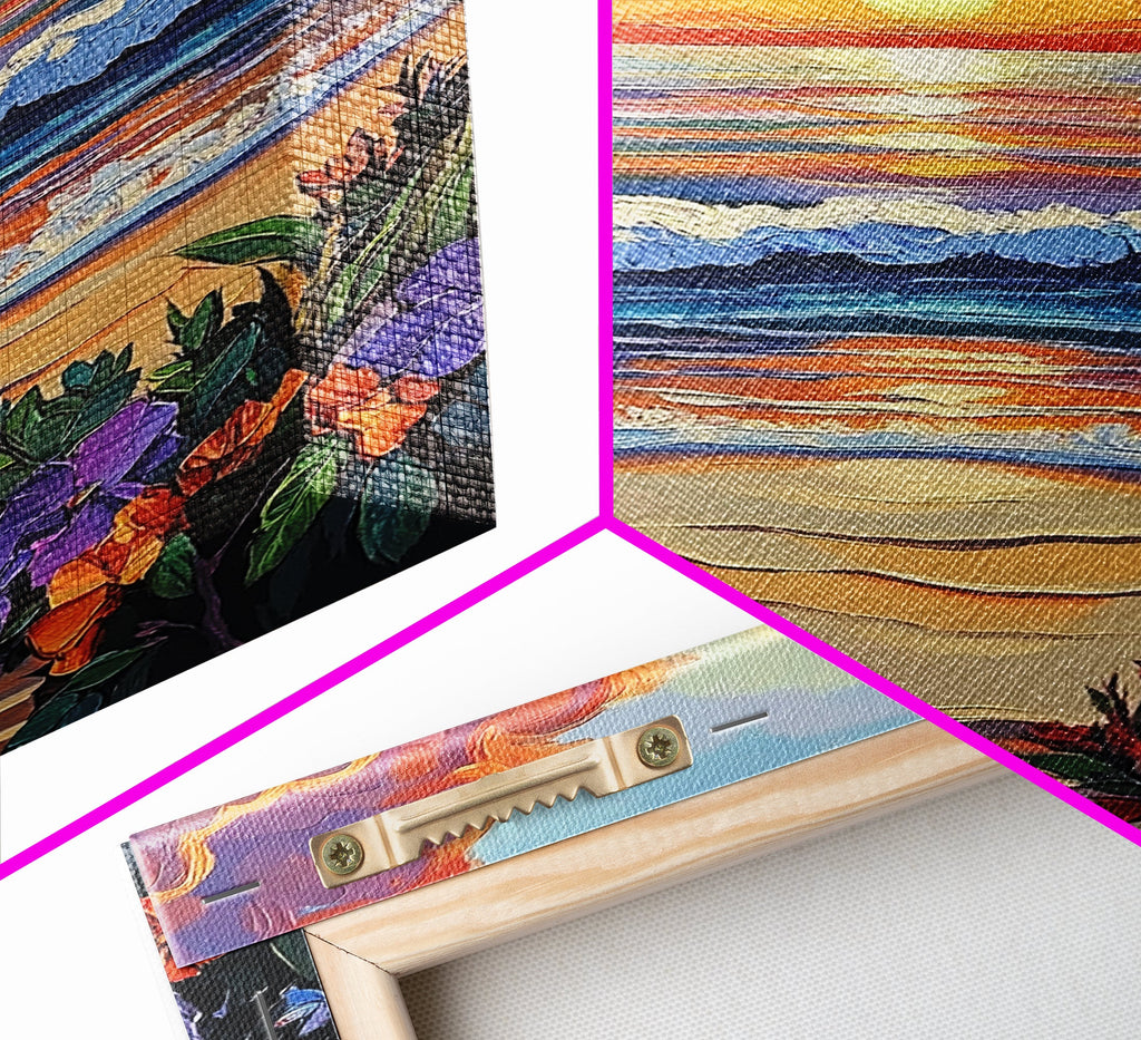 Tropical Beach, Sunset Waves, Lush Florals, Orange Glow — Framed Canvas Print vibrant coastal art, bathroom or bedroom beach decor, boho vibe