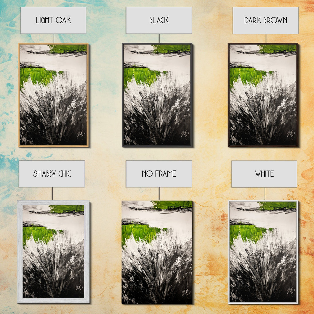 Wild Grass, Black and White with Green Accents, Abstract Nature Painting, Framed Canvas Print, Rustic Farmhouse or Living Room Decor