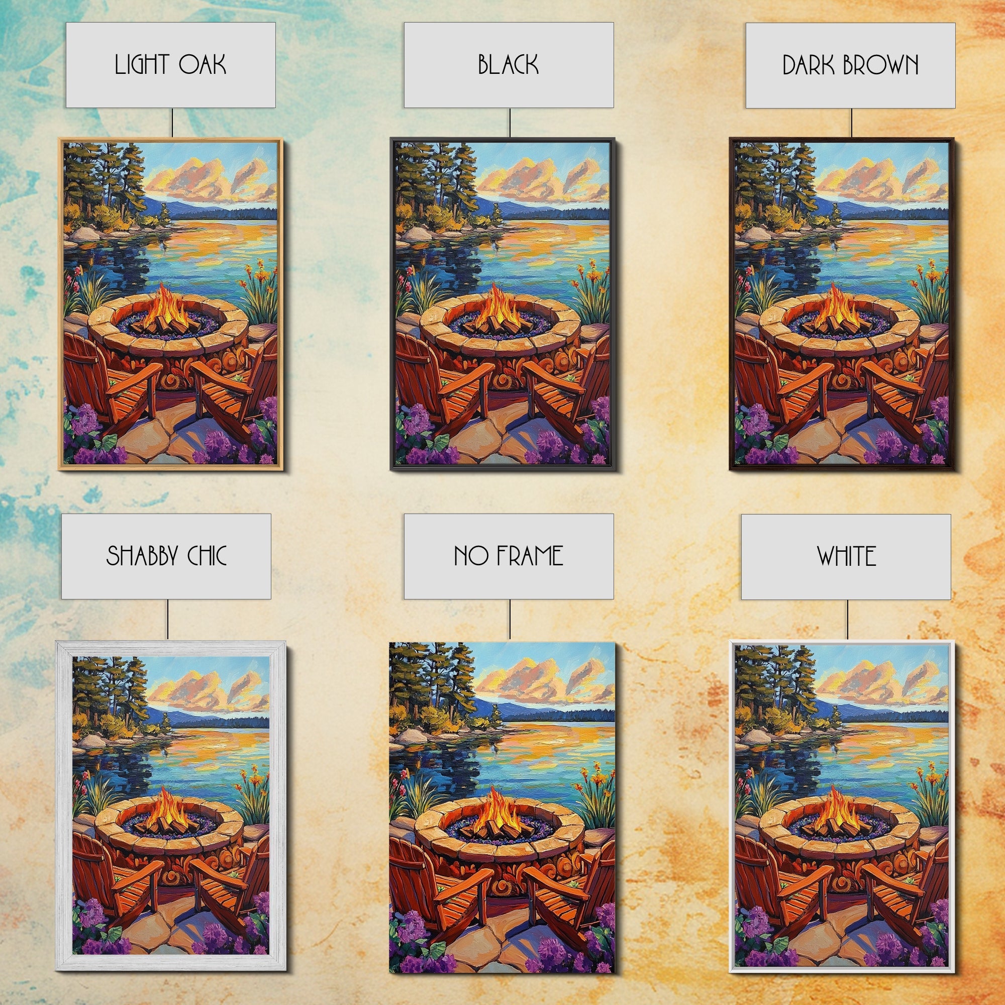 Firepit Chairs, Lake, Sunset, Framed Canvas Print, outdoor patio wall decor, rustic lakeside art, cozy fall cabin retreat artwork