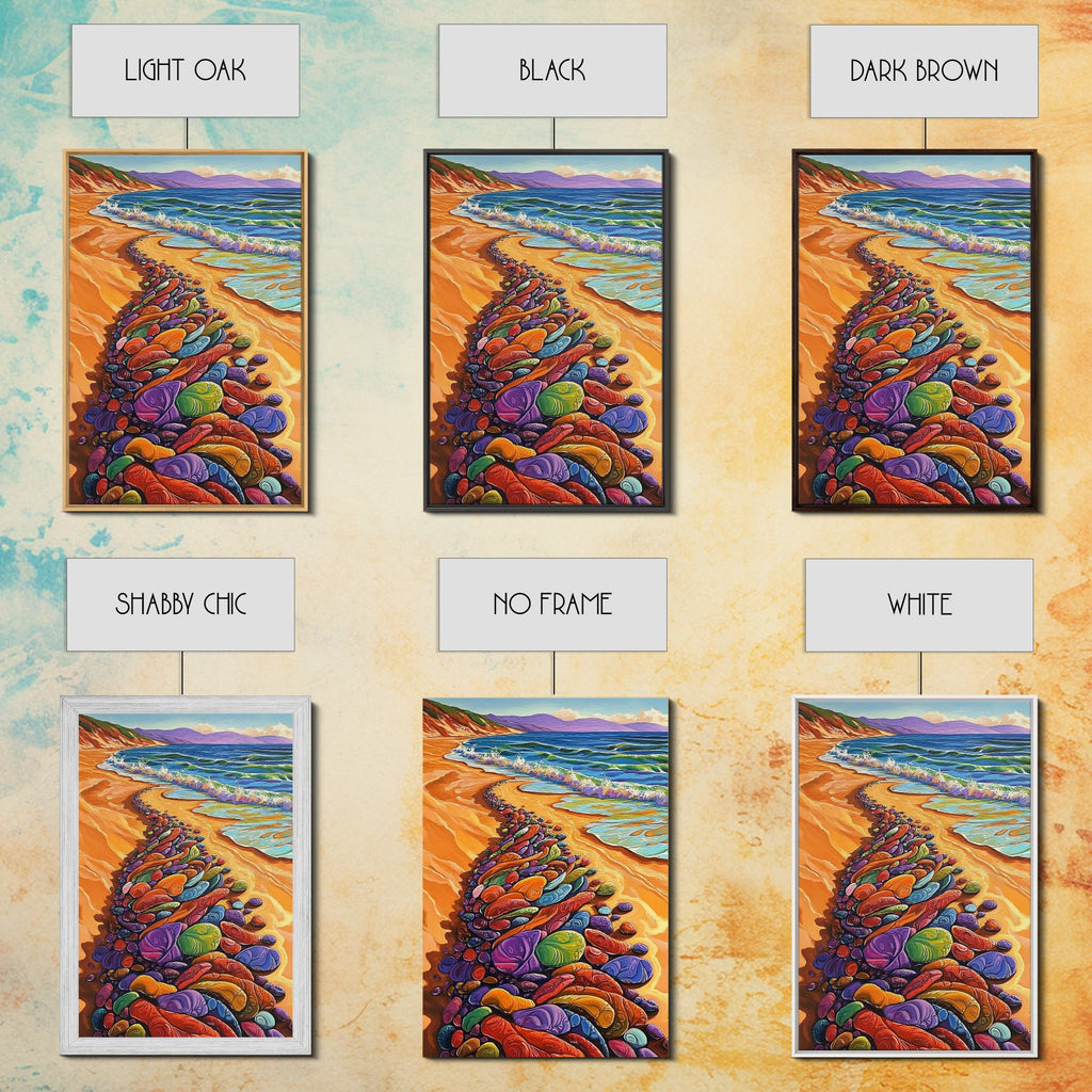 Colorful Rocks, Coastal Art, Vibrant Beach, Framed Canvas Print, nature-inspired painting, whimsical art, Hallway Wall Art