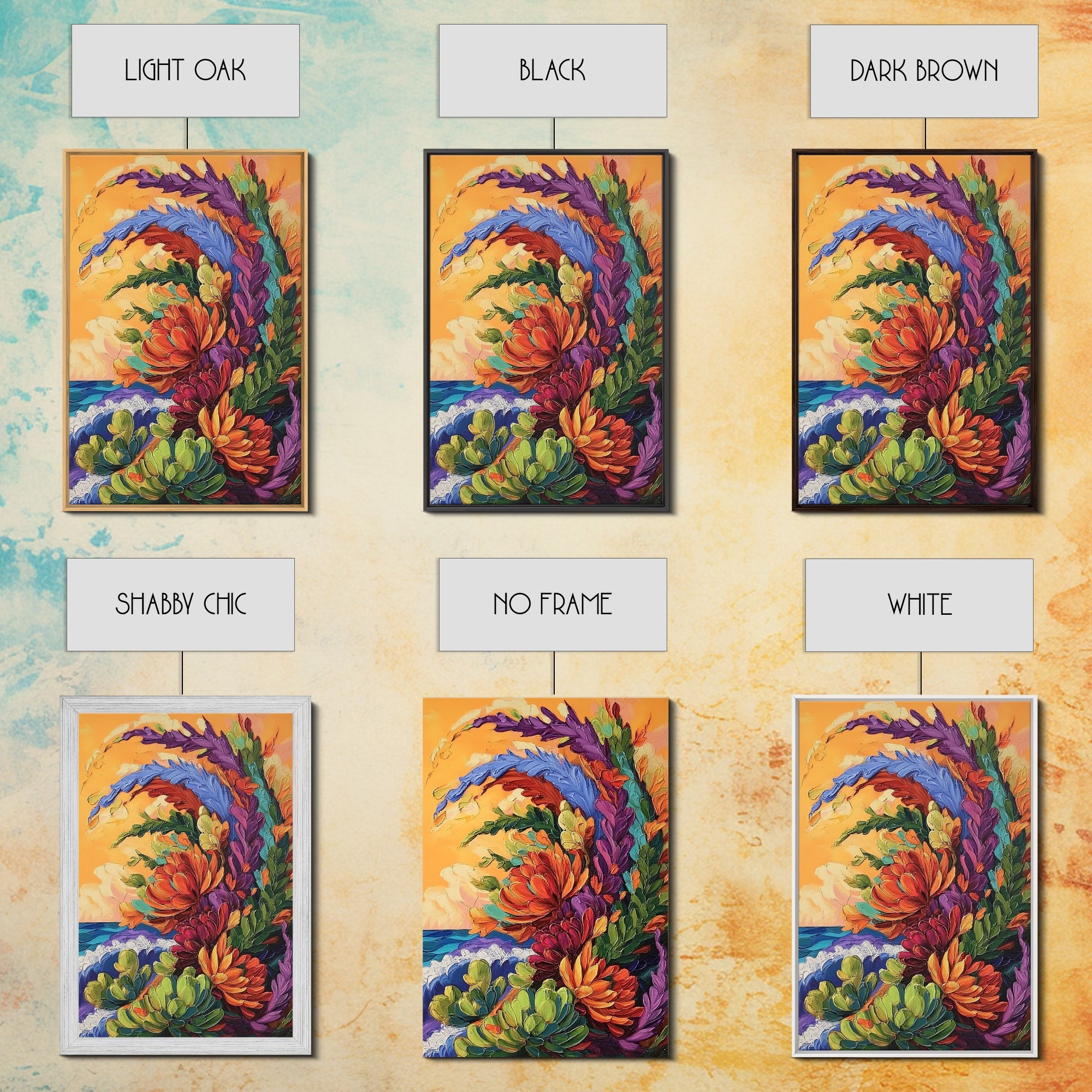 Abstract Florals, Bold Beach Scene, Coastal Flower Art, Vibrant Wall Accent, Kitchen Wall Art, Boho Style, Canvas Print, Sunset Tones