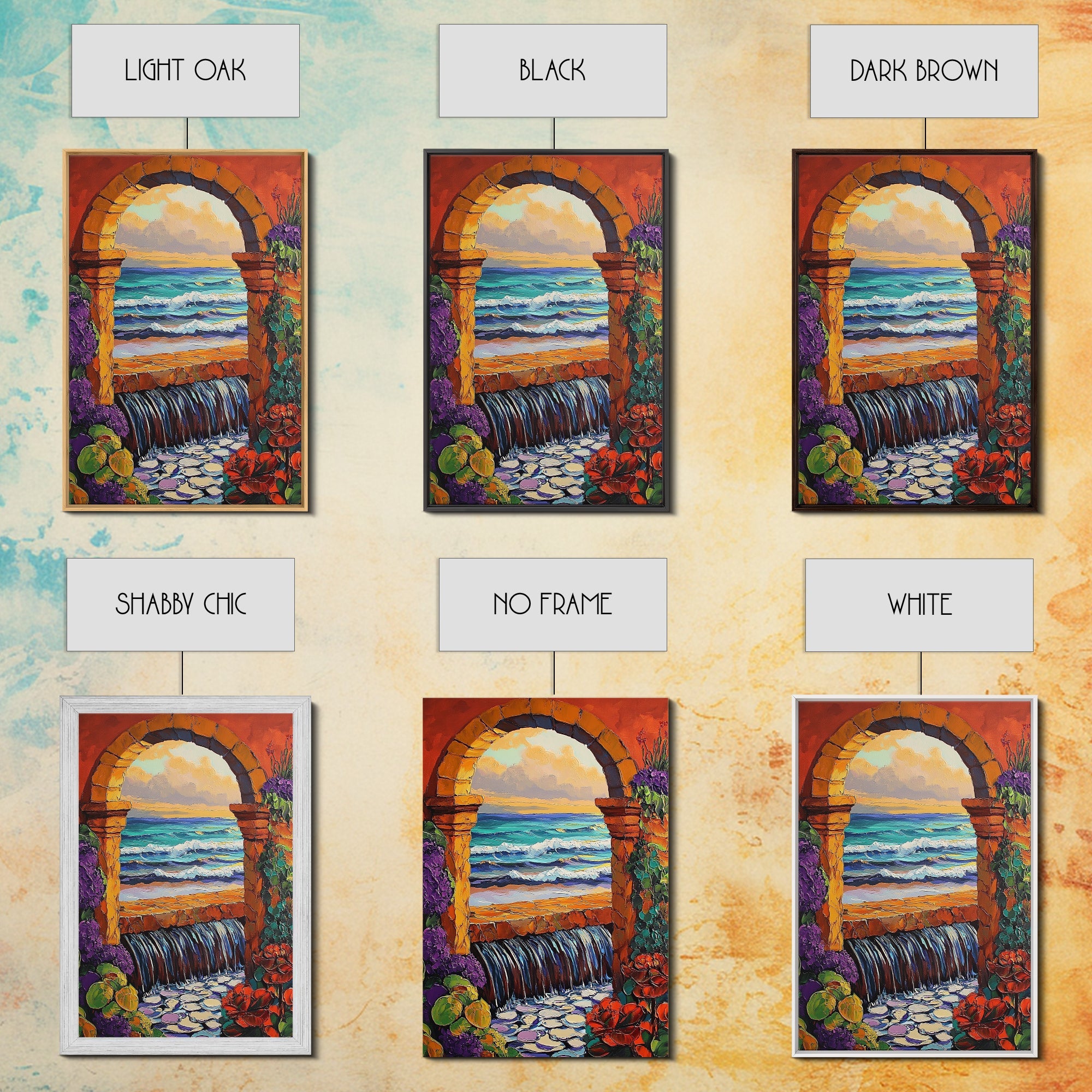 Stone Archway Ocean, Dreamy Seaside Scene, Romantic Sunset Art, Framed Canvas Print, Coastal Entryway Wall Art, Vacation Vibes