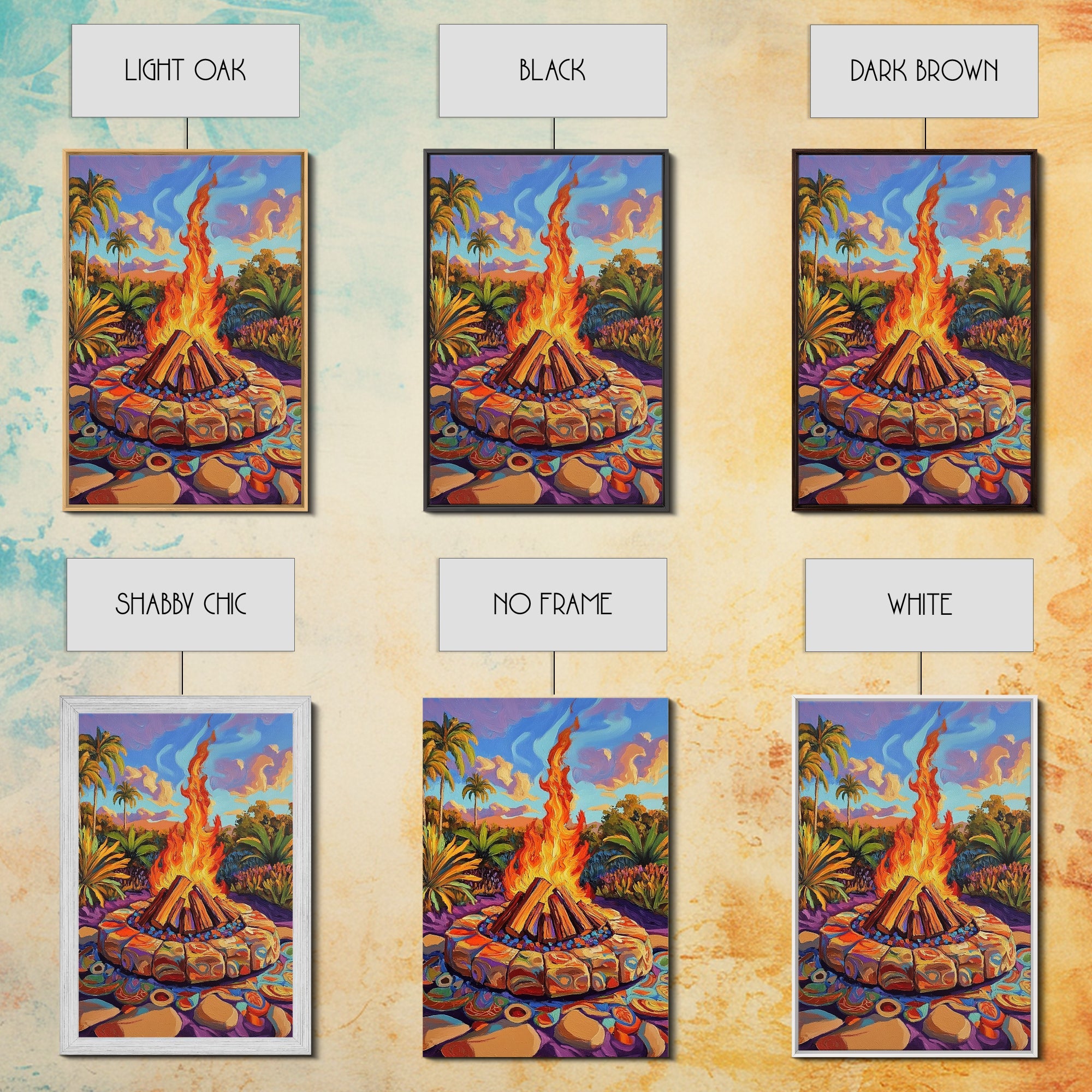 Campfire Palm Trees, Flame, Sunset, Framed Canvas Print tropical bonfire art, cozy fire pit painting, Fall decor, outdoor living room wall art