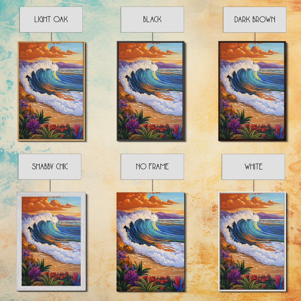 Wave Sunset, Ocean, Flowers, Canvas Print, Crashing sunset wave with tropical flowers, coastal bathroom and surf-themed wall decor