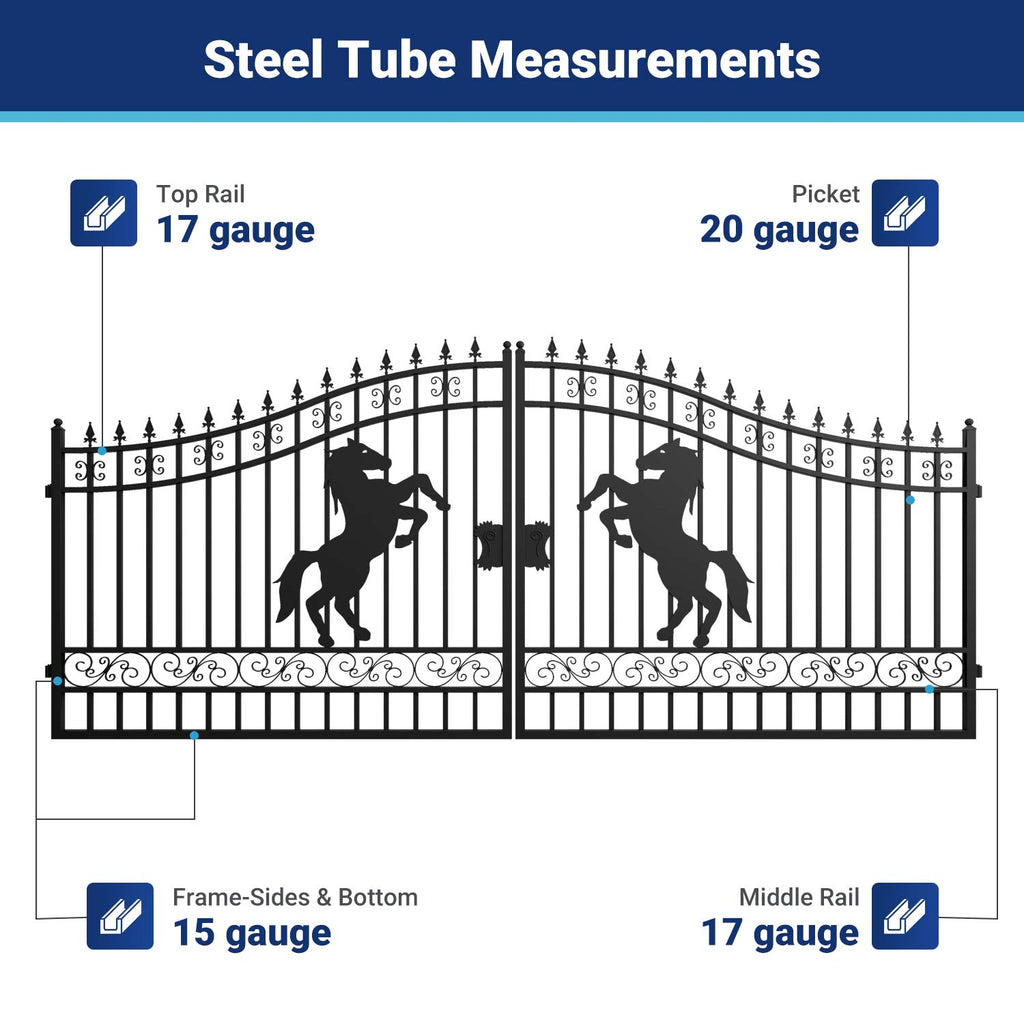 16x7 ft Steel Dual Swing Driveway Gate with Horse Pattern