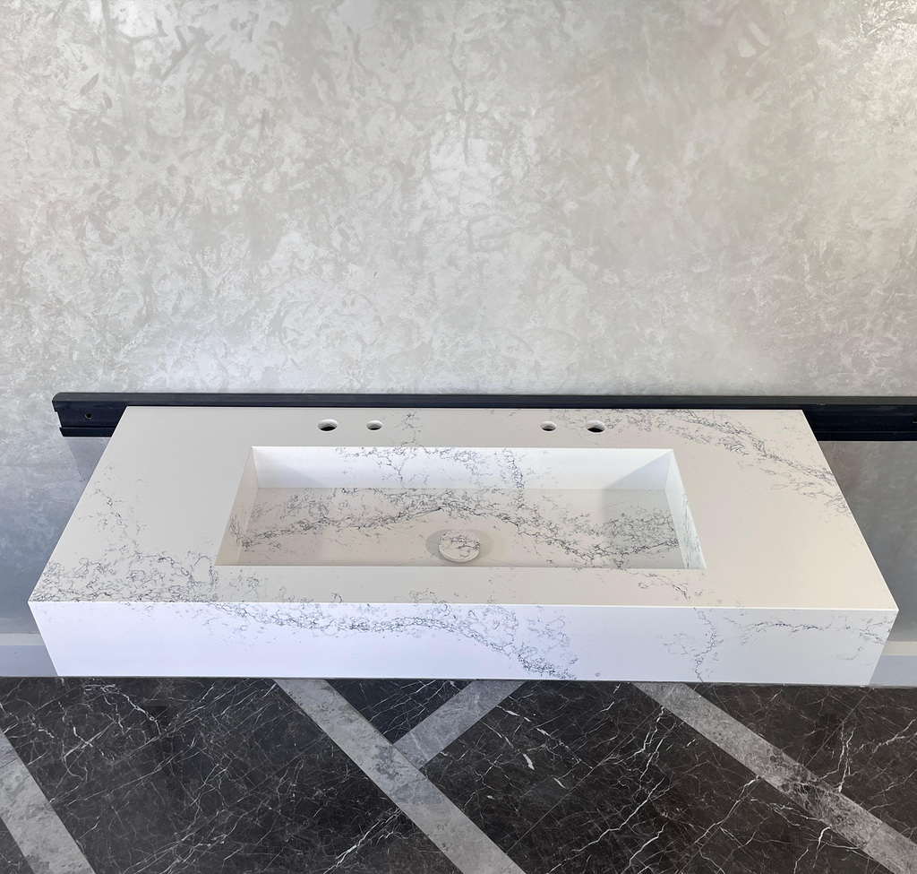 Custom Handcrafted Calacatta Riviera Quartz Kitchen Sink - White with Grey Veining