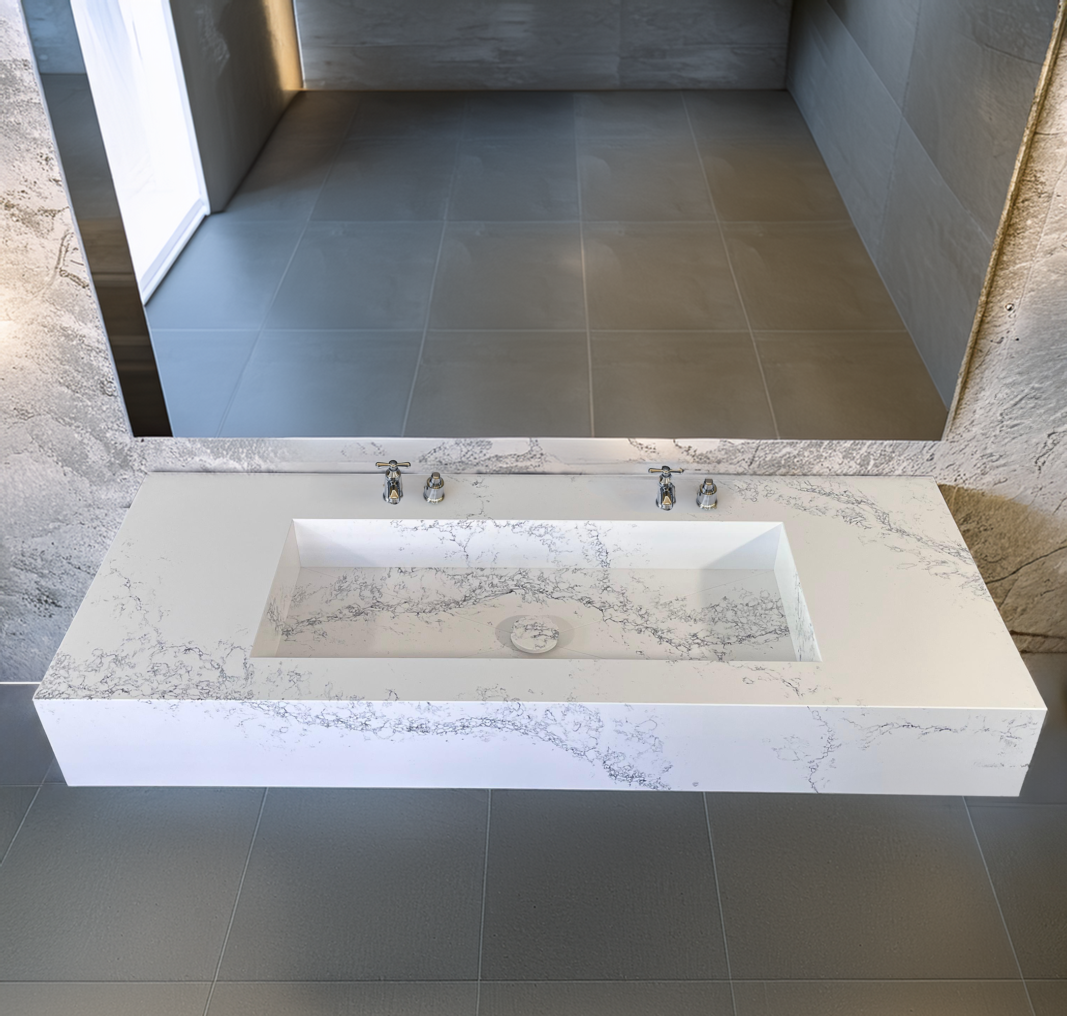 Custom Handcrafted Calacatta Riviera Quartz Kitchen Sink - White with Grey Veining