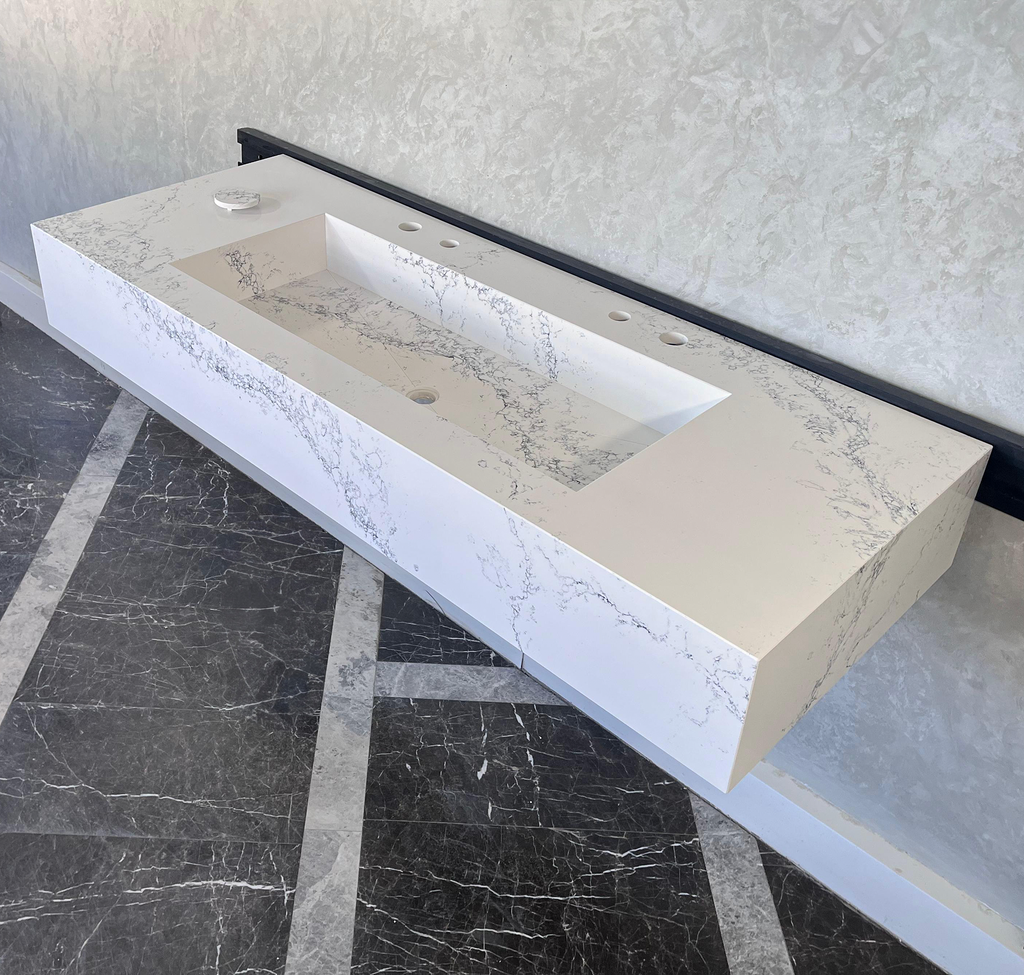 Custom Handcrafted Calacatta Riviera Quartz Kitchen Sink - White with Grey Veining