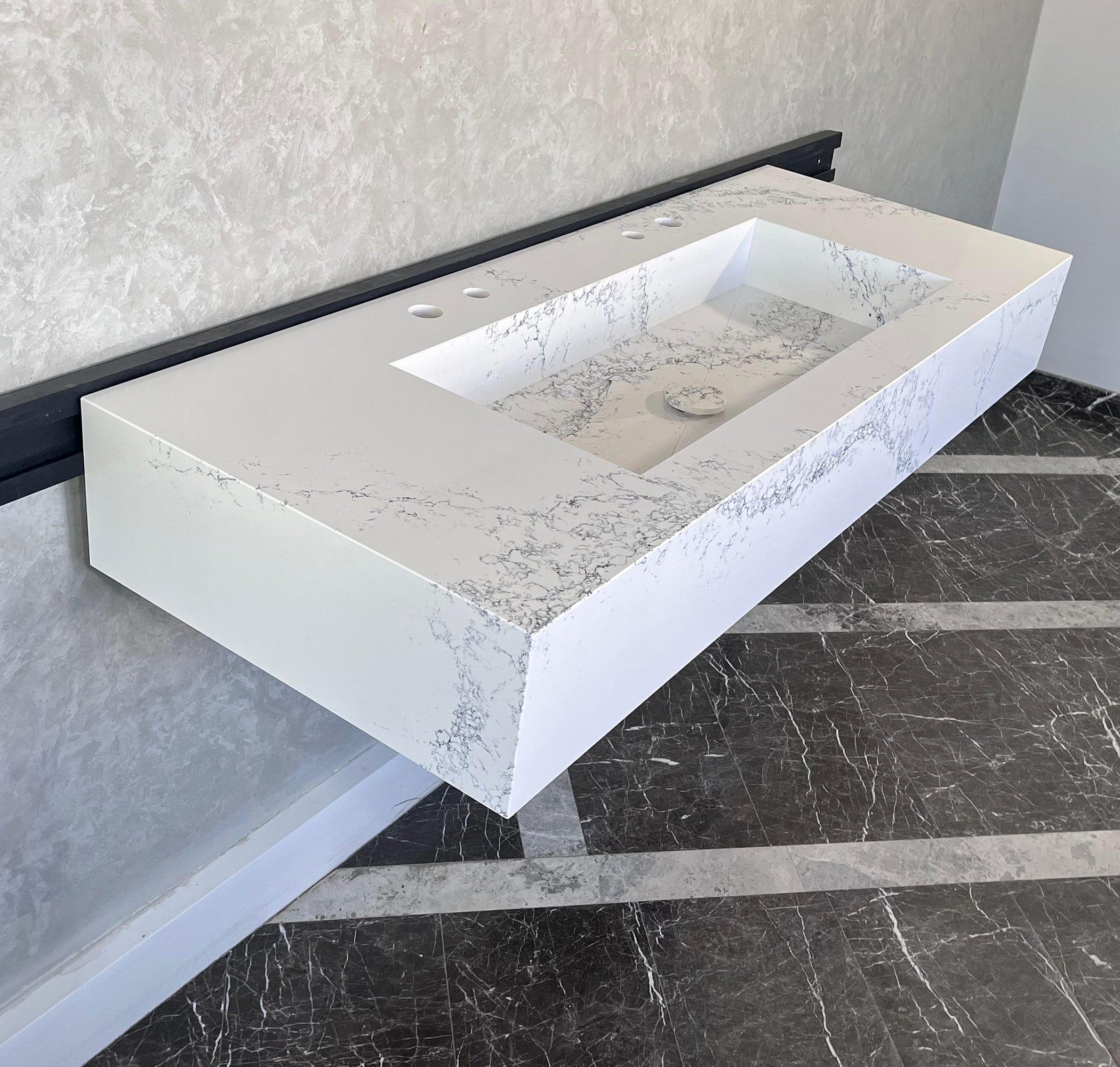 Custom Handcrafted Calacatta Riviera Quartz Kitchen Sink - White with Grey Veining